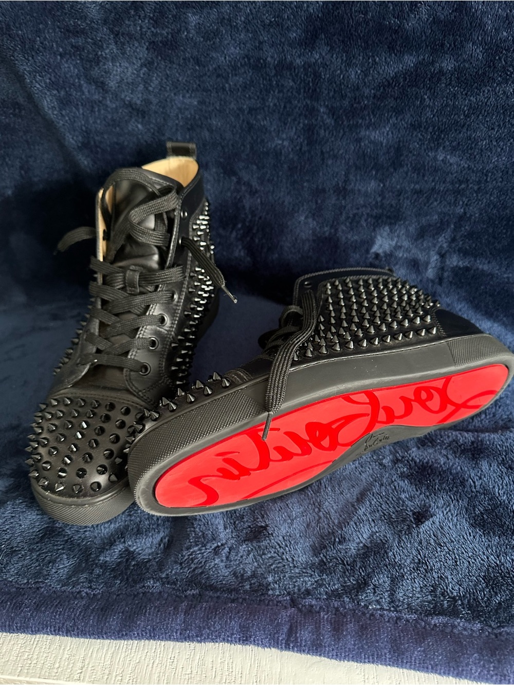 Christian Louboutin Black Studded High-Top Sneakers with Red Sole